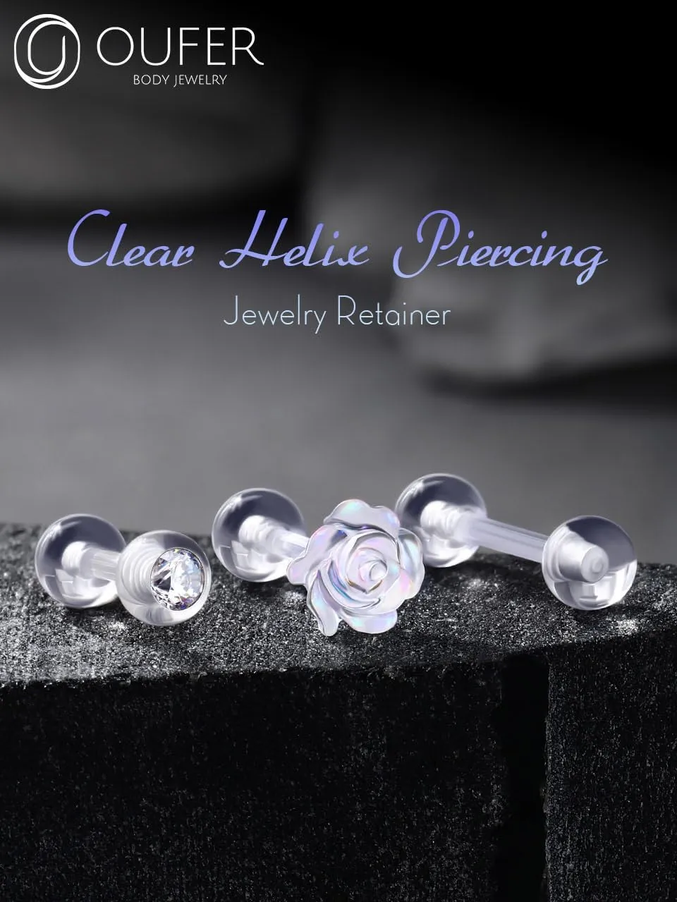 OUFER 3PCS Clear Piercing Retainers for Surgery, Bioflex Helix Piercing Jewelry Retainer, Tragus Cartilage Plastic Piercing Jewelry for Work