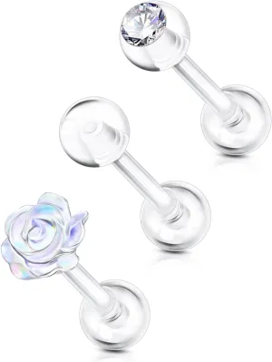 OUFER 3PCS Clear Piercing Retainers for Surgery, Bioflex Helix Piercing Jewelry Retainer, Tragus Cartilage Plastic Piercing Jewelry for Work