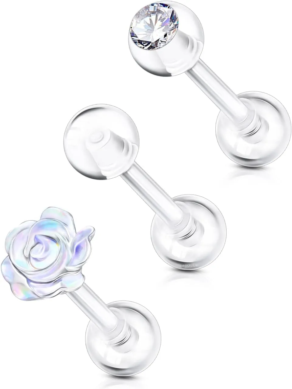 OUFER 3PCS Clear Piercing Retainers for Surgery, Bioflex Helix Piercing Jewelry Retainer, Tragus Cartilage Plastic Piercing Jewelry for Work
