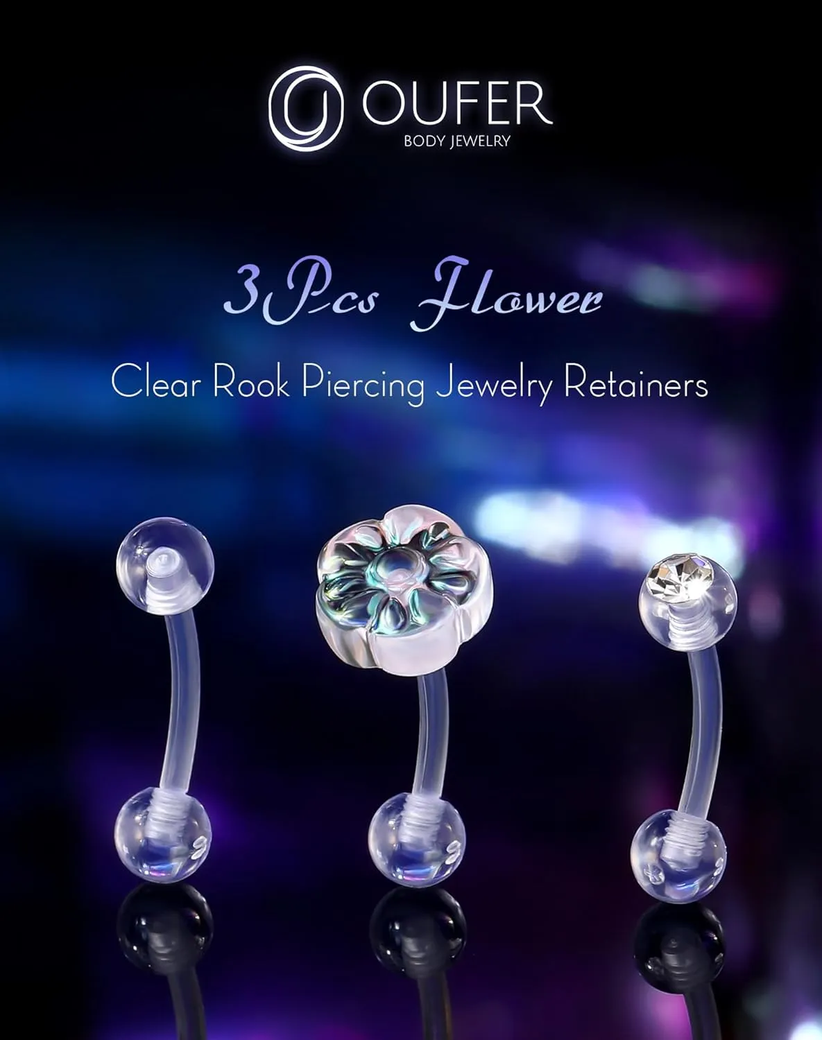 OUFER 3PCS Rook Piercing Jewelry, Plastic Piercings for Surgery, Clear Eyebrow Piercing Jewelry, 16G Eyebrow Rings, Clear Plastic Tragus Daith Rook Earrings for Work