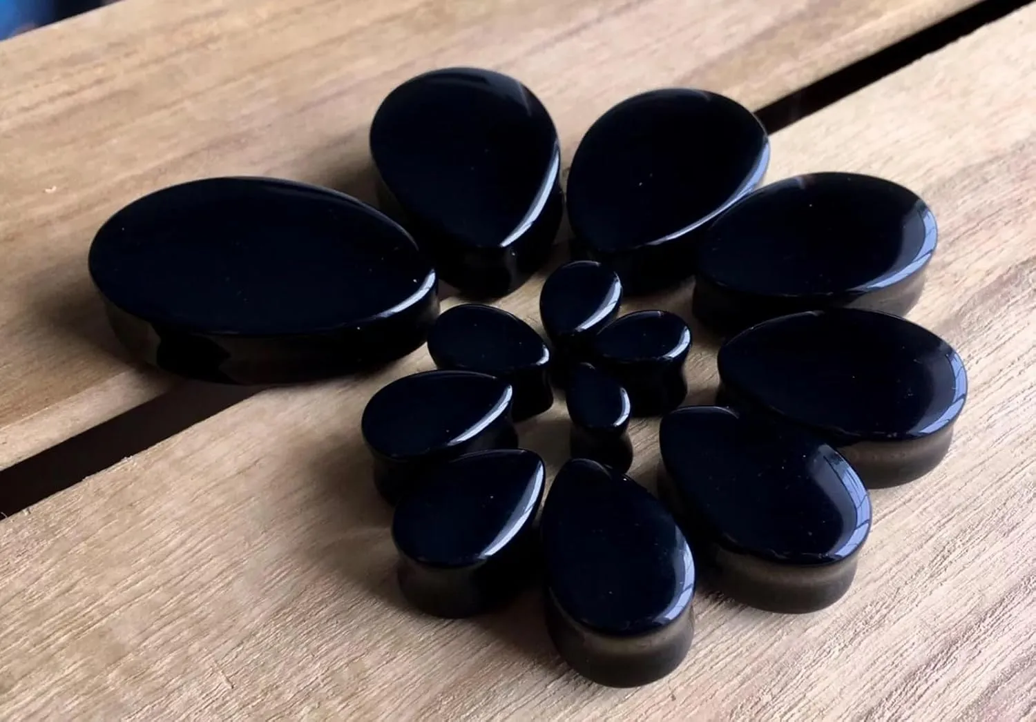 PAIR of Brilliant Black Onyx Teardrop Organic Stone Plugs - Tear Drop - Gauges - Body Jewelry