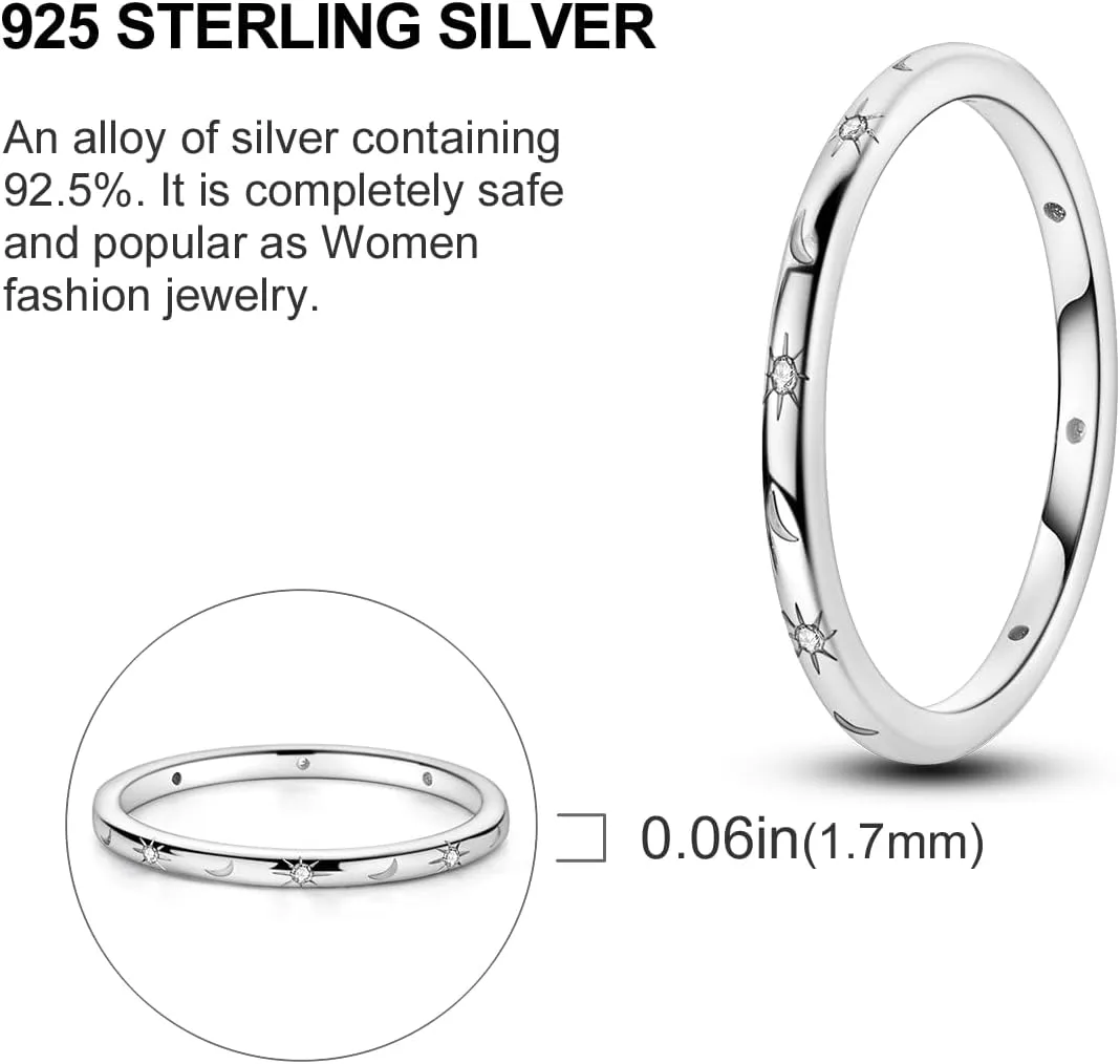 Parmuz 925 Sterling Silver Rings for Woman Dainty Stackable CZ Star Moon Cross Eternity Engagement Bands Ring for Her