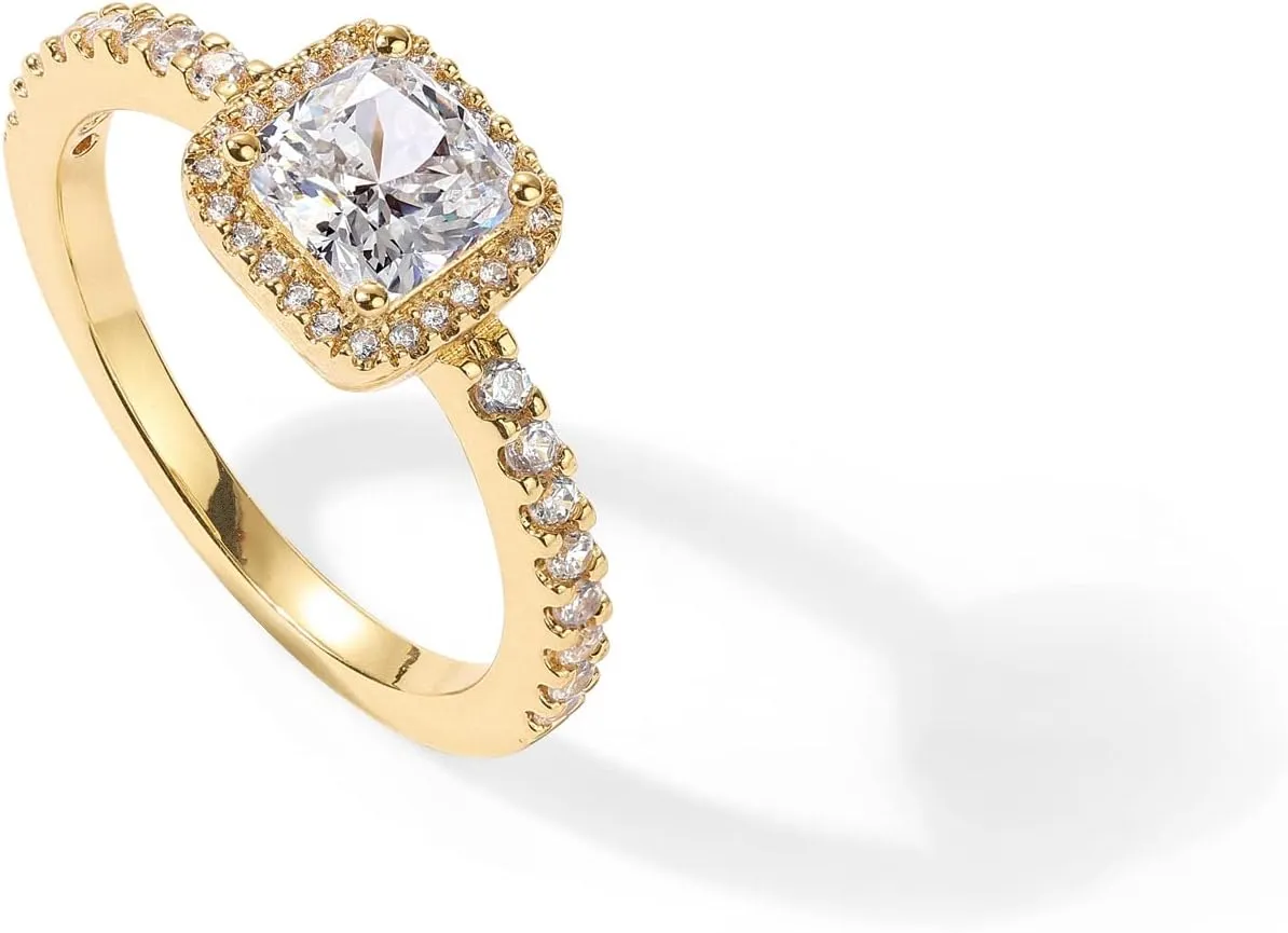 PAVOI 14K Gold Plated Halo Ring | Heart Ring for Women | Square Round Promise Rings for Her