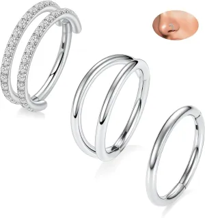 PEAKLINK Conch Hoop Earrings 16G Conch Piercing Jewelry Double Nose Hoop Rings Silver Septum Ring Surgical Steel Helix Earrings with CZ Cartilage Jewelry Daith Rook Tragus Lip Lobe Hoop Earrings 10mm