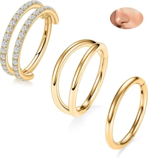 PEAKLINK Triple Double Nose Hoop Ring Conch Hoop Earrings 16G Seamless Septum Jewelry Surgical Steel Helix Cartilage Daith Rook Tragus Piercing 3 PCS Lip Lobe Hoop Earrings 8mm 10mm