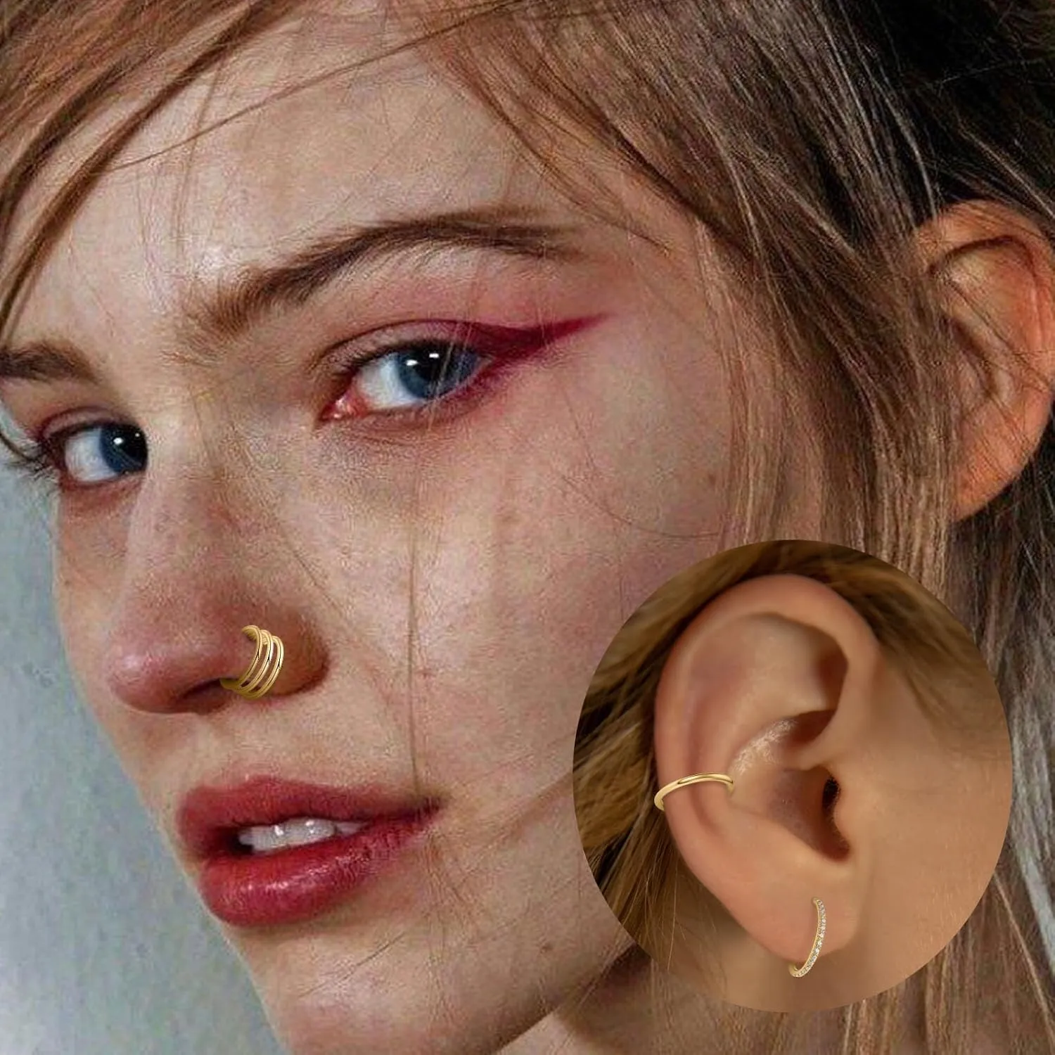 PEAKLINK Triple Double Nose Hoop Ring Conch Hoop Earrings 16G Seamless Septum Jewelry Surgical Steel Helix Cartilage Daith Rook Tragus Piercing 3 PCS Lip Lobe Hoop Earrings 8mm 10mm