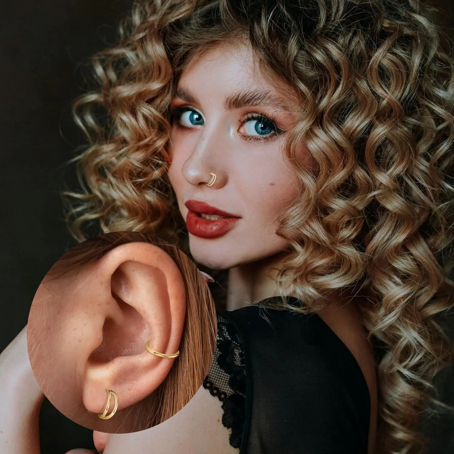 PEAKLINK Triple Double Nose Hoop Ring Conch Hoop Earrings 16G Seamless Septum Jewelry Surgical Steel Helix Cartilage Daith Rook Tragus Piercing 3 PCS Lip Lobe Hoop Earrings 8mm 10mm