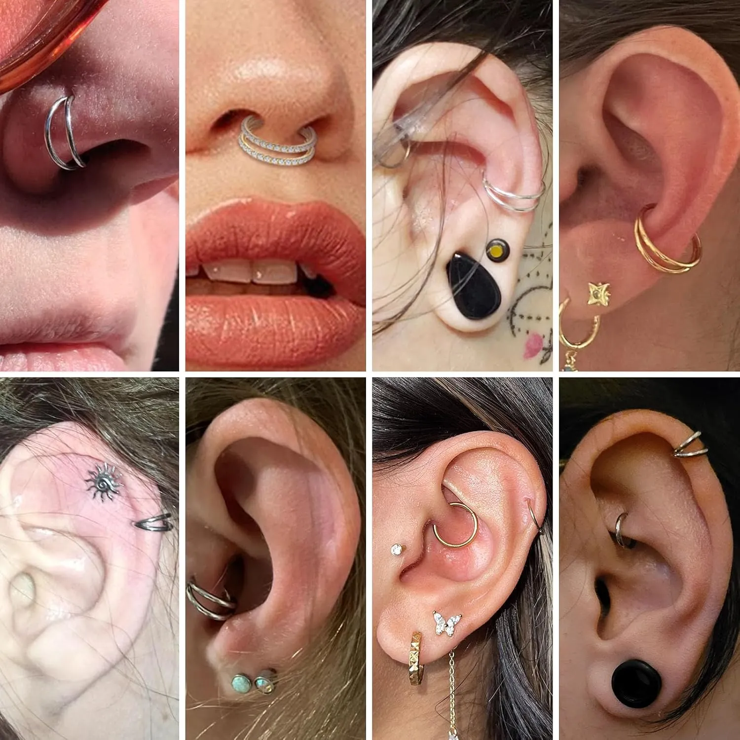 PEAKLINK Triple Double Nose Hoop Ring Conch Hoop Earrings 16G Seamless Septum Jewelry Surgical Steel Helix Cartilage Daith Rook Tragus Piercing 3 PCS Lip Lobe Hoop Earrings 8mm 10mm