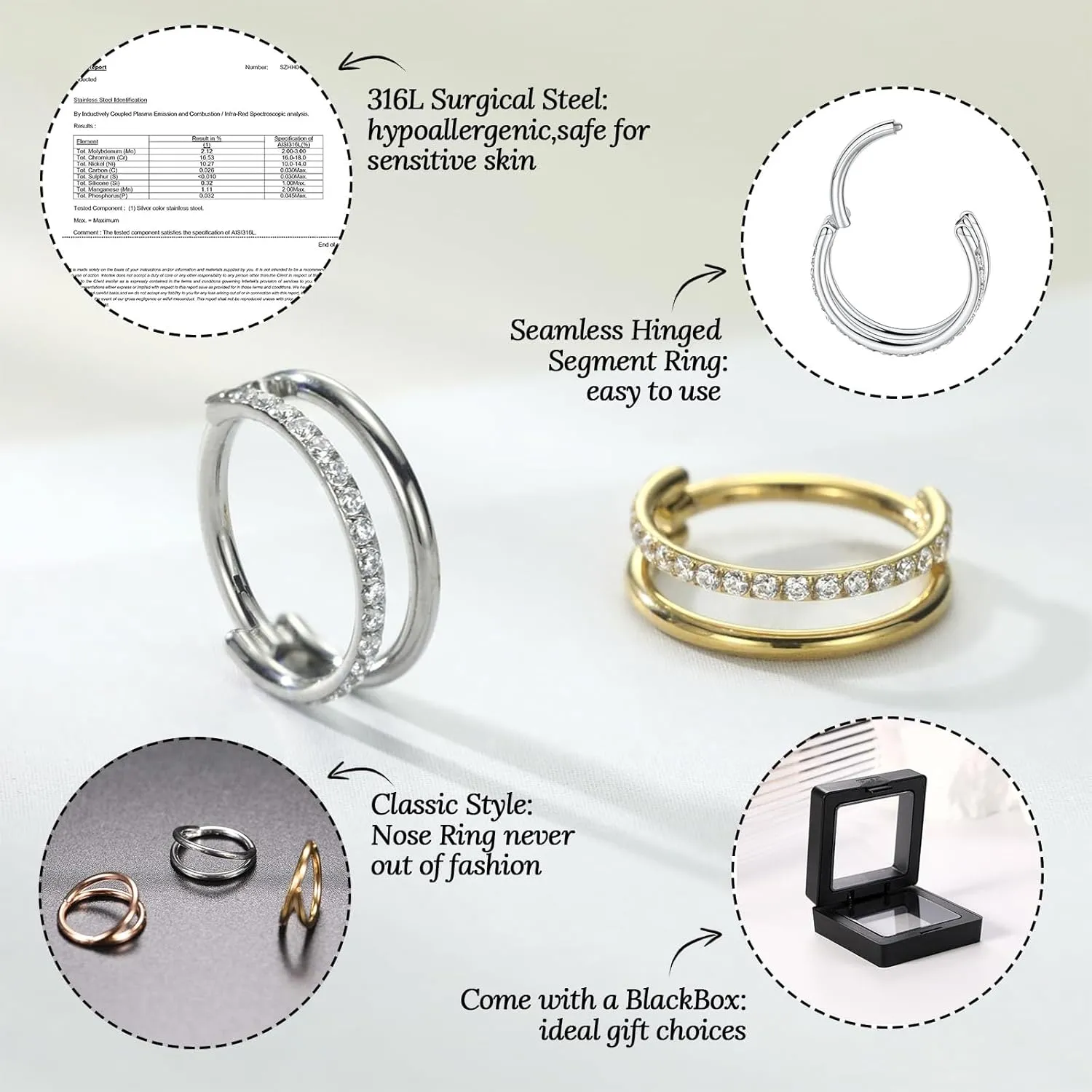 PEAKLINK Triple Double Nose Hoop Ring Conch Hoop Earrings 16G Seamless Septum Jewelry Surgical Steel Helix Cartilage Daith Rook Tragus Piercing 3 PCS Lip Lobe Hoop Earrings 8mm 10mm