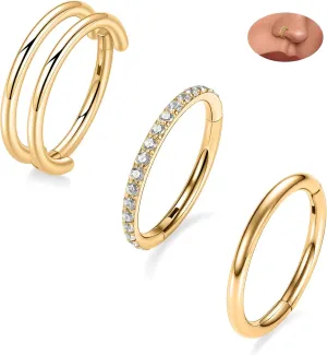 PEAKLINK Triple Double Nose Hoop Ring Conch Hoop Earrings 16G Seamless Septum Jewelry Surgical Steel Helix Cartilage Daith Rook Tragus Piercing 3 PCS Lip Lobe Hoop Earrings 8mm 10mm