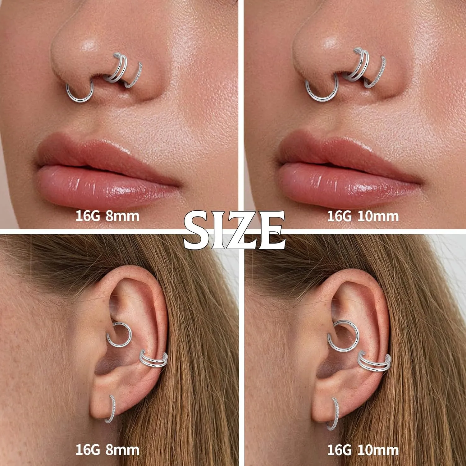 PEAKLINK Triple Double Nose Hoop Ring Conch Hoop Earrings 16G Seamless Septum Jewelry Surgical Steel Helix Cartilage Daith Rook Tragus Piercing 3 PCS Lip Lobe Hoop Earrings 8mm 10mm