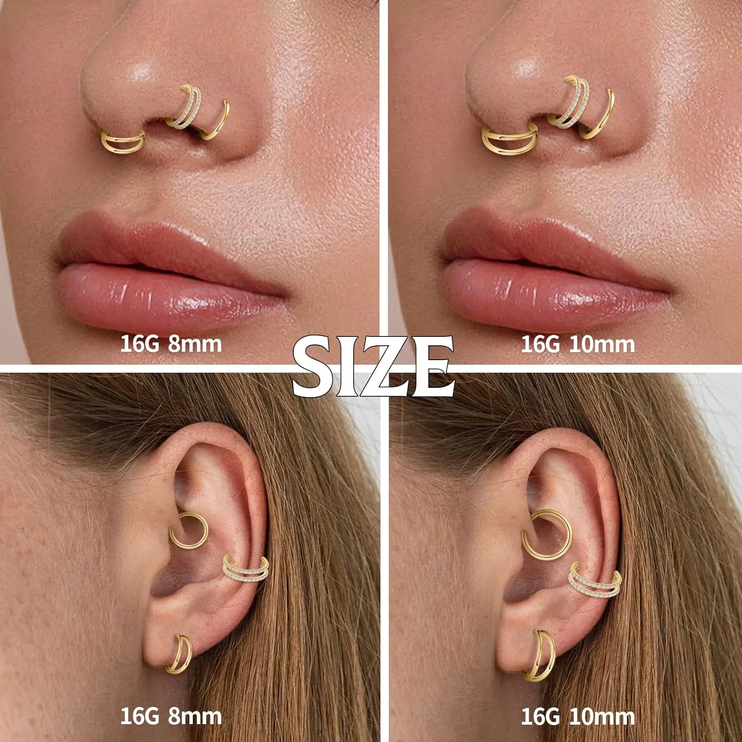 PEAKLINK Triple Double Nose Hoop Ring Conch Hoop Earrings 16G Seamless Septum Jewelry Surgical Steel Helix Cartilage Daith Rook Tragus Piercing 3 PCS Lip Lobe Hoop Earrings 8mm 10mm