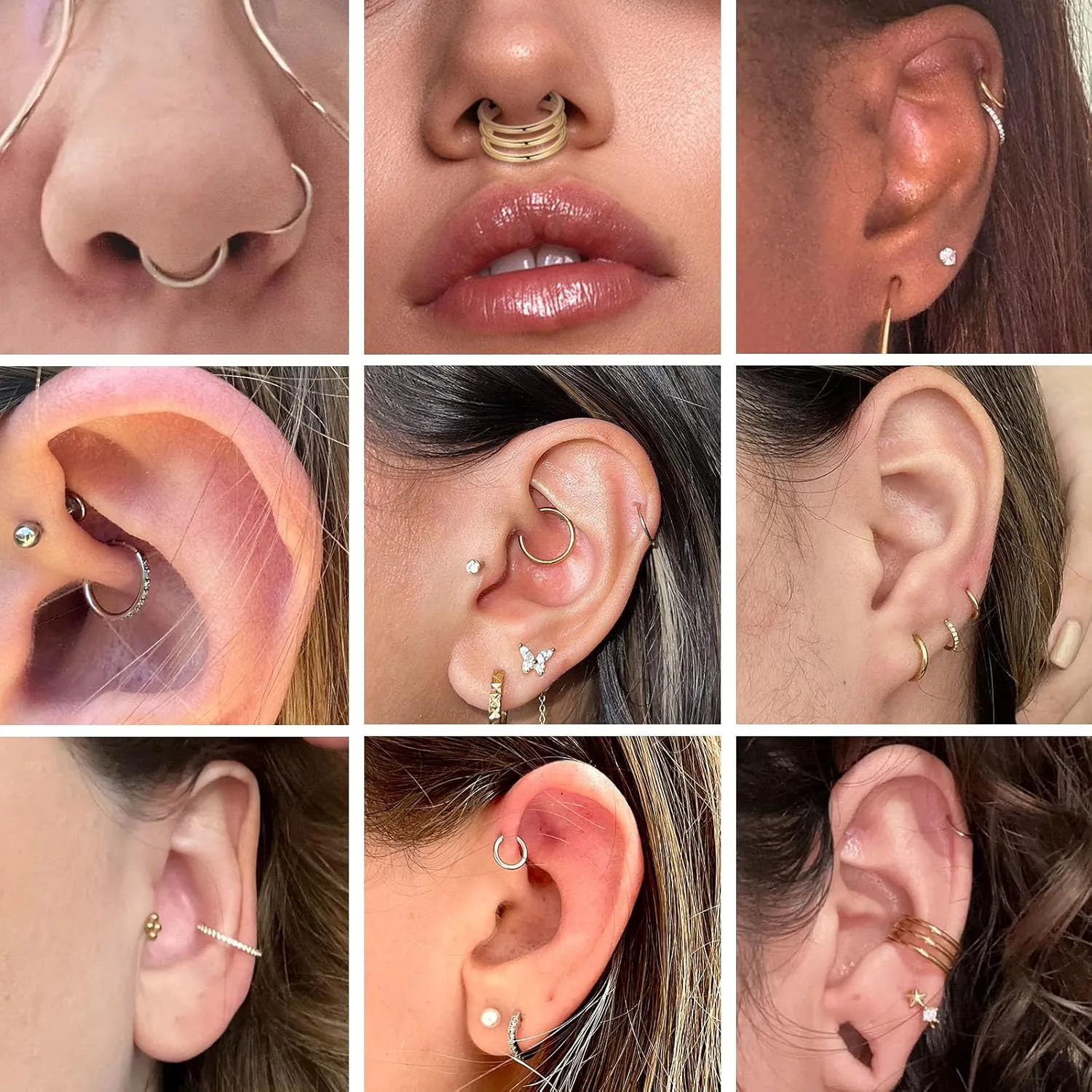 PEAKLINK Triple Double Nose Hoop Ring Conch Hoop Earrings 16G Seamless Septum Jewelry Surgical Steel Helix Cartilage Daith Rook Tragus Piercing 3 PCS Lip Lobe Hoop Earrings 8mm 10mm