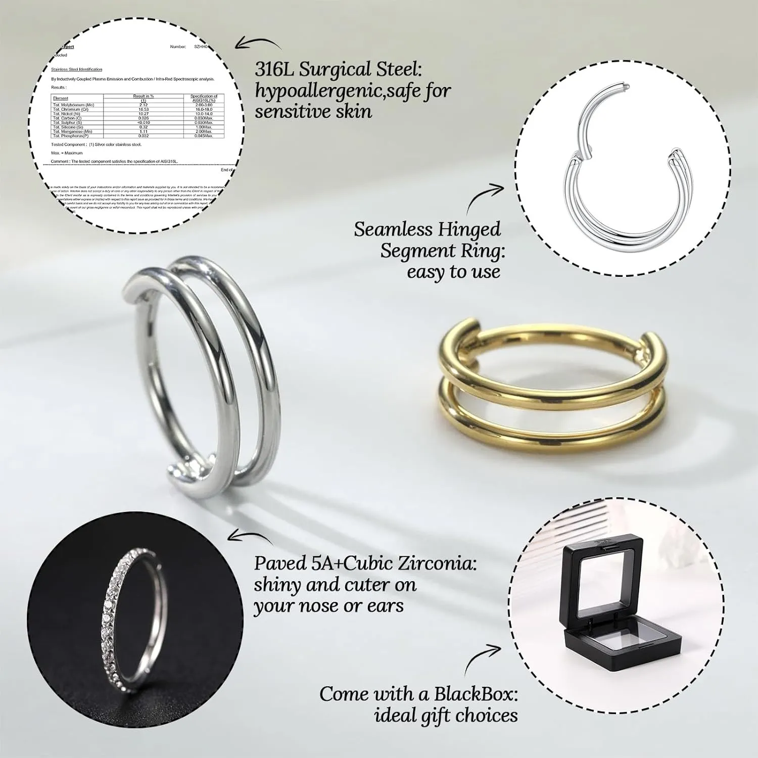 PEAKLINK Triple Double Nose Hoop Ring Conch Hoop Earrings 16G Seamless Septum Jewelry Surgical Steel Helix Cartilage Daith Rook Tragus Piercing 3 PCS Lip Lobe Hoop Earrings 8mm 10mm
