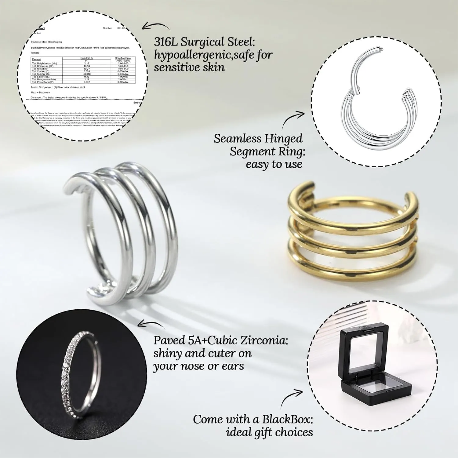 PEAKLINK Triple Double Nose Hoop Ring Conch Hoop Earrings 16G Seamless Septum Jewelry Surgical Steel Helix Cartilage Daith Rook Tragus Piercing 3 PCS Lip Lobe Hoop Earrings 8mm 10mm