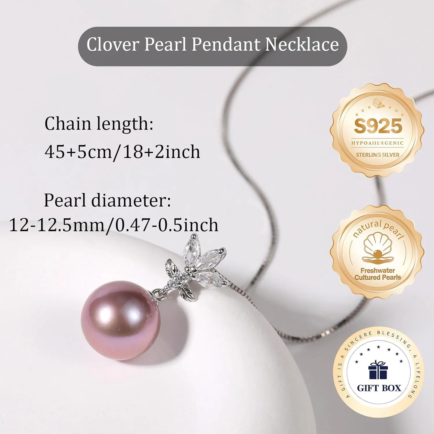 Pearl Pendant Necklace for Women, Four Leaf Clover S925 Sterling Silver Necklace, 12-12.5MM Natural Cultured Round Pearls, 18 2IN Adjustable Chain, Luxury Jewelry Gifts for Wife Mother