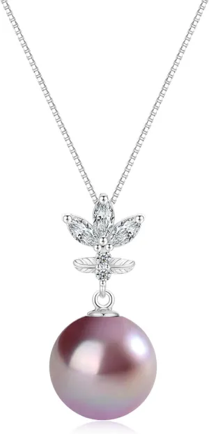Pearl Pendant Necklace for Women, Four Leaf Clover S925 Sterling Silver Necklace, 12-12.5MM Natural Cultured Round Pearls, 18 2IN Adjustable Chain, Luxury Jewelry Gifts for Wife Mother