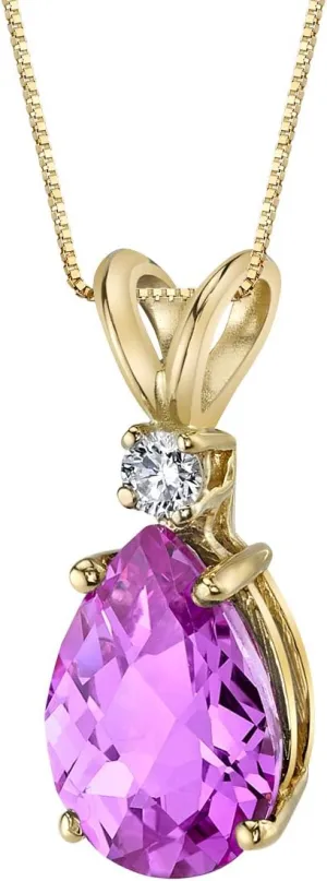 PEORA 14K Yellow Gold Created Pink Sapphire with Genuine Diamond Pendant, Elegant Teardrop Solitaire, Pear Shape, 10x7mm, 2.50 Carats total, September Birthstone Necklace, Sparkling Sapphire Jewelry