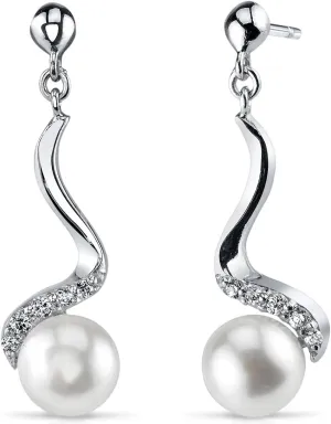 Peora Sterling Silver Freshwater Cultured White Pearl Pendant Necklace and Earrings, Spiral Drop Design