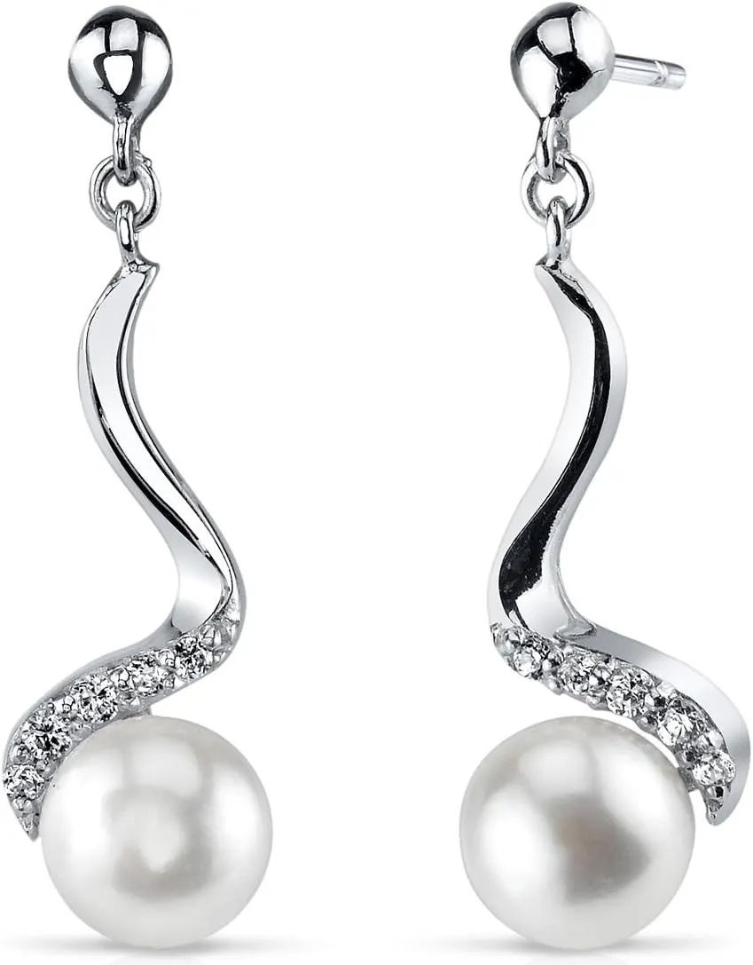 Peora Sterling Silver Freshwater Cultured White Pearl Pendant Necklace and Earrings, Spiral Drop Design