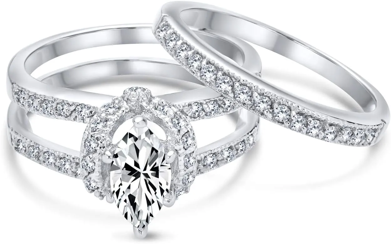 Personalize Vintage Art Deco Style 5-3 CT Cubic Zircoinia Brilliant Cut Round Solitaire Marquise Oval AAA CZ Inset Guard Enhancers Anniversary Engagement Ring Wedding Band Set .925 Sterling Silver