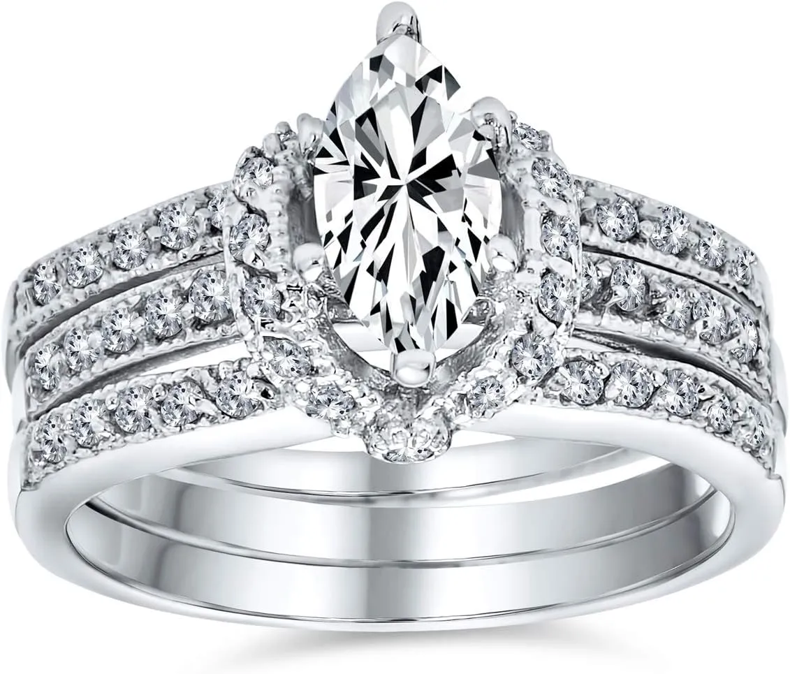 Personalize Vintage Art Deco Style 5-3 CT Cubic Zircoinia Brilliant Cut Round Solitaire Marquise Oval AAA CZ Inset Guard Enhancers Anniversary Engagement Ring Wedding Band Set .925 Sterling Silver