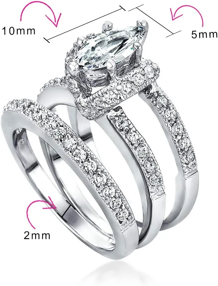 Personalize Vintage Art Deco Style 5-3 CT Cubic Zircoinia Brilliant Cut Round Solitaire Marquise Oval AAA CZ Inset Guard Enhancers Anniversary Engagement Ring Wedding Band Set .925 Sterling Silver