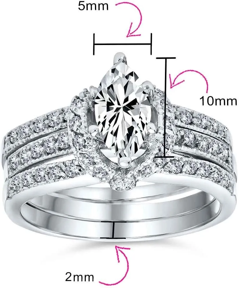 Personalize Vintage Art Deco Style 5-3 CT Cubic Zircoinia Brilliant Cut Round Solitaire Marquise Oval AAA CZ Inset Guard Enhancers Anniversary Engagement Ring Wedding Band Set .925 Sterling Silver