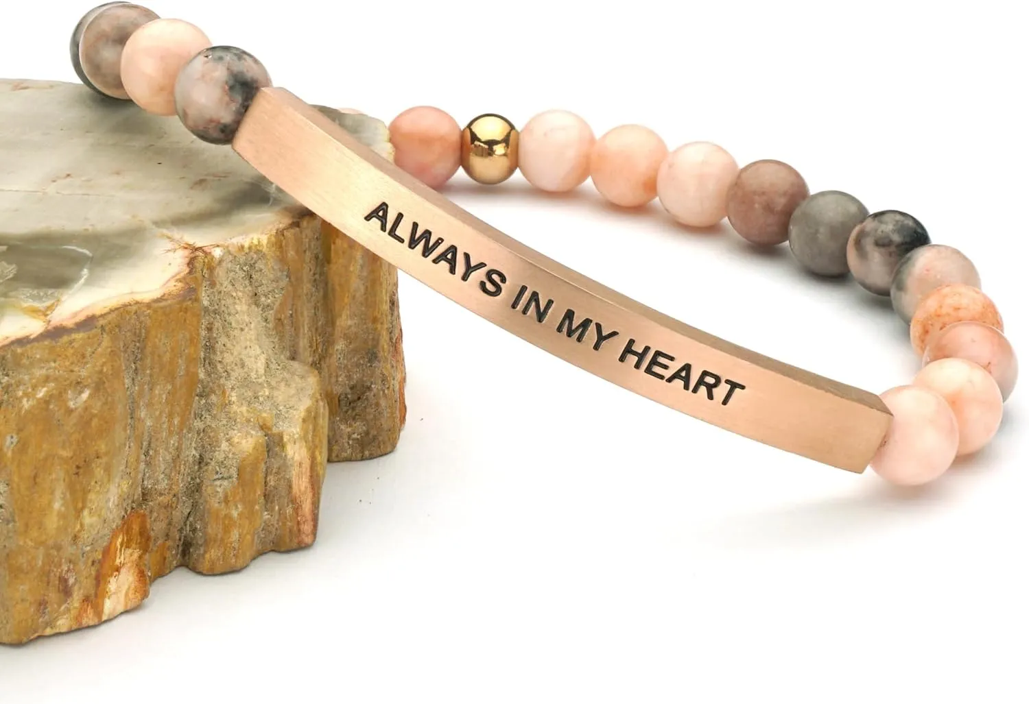 Personalized Bracelets for Women Men Couple,18K Gold Plated Stainless Steel Bar Custom Engraved Name Message Quotes Natural Gemstone Beaded Stretch Bracelet