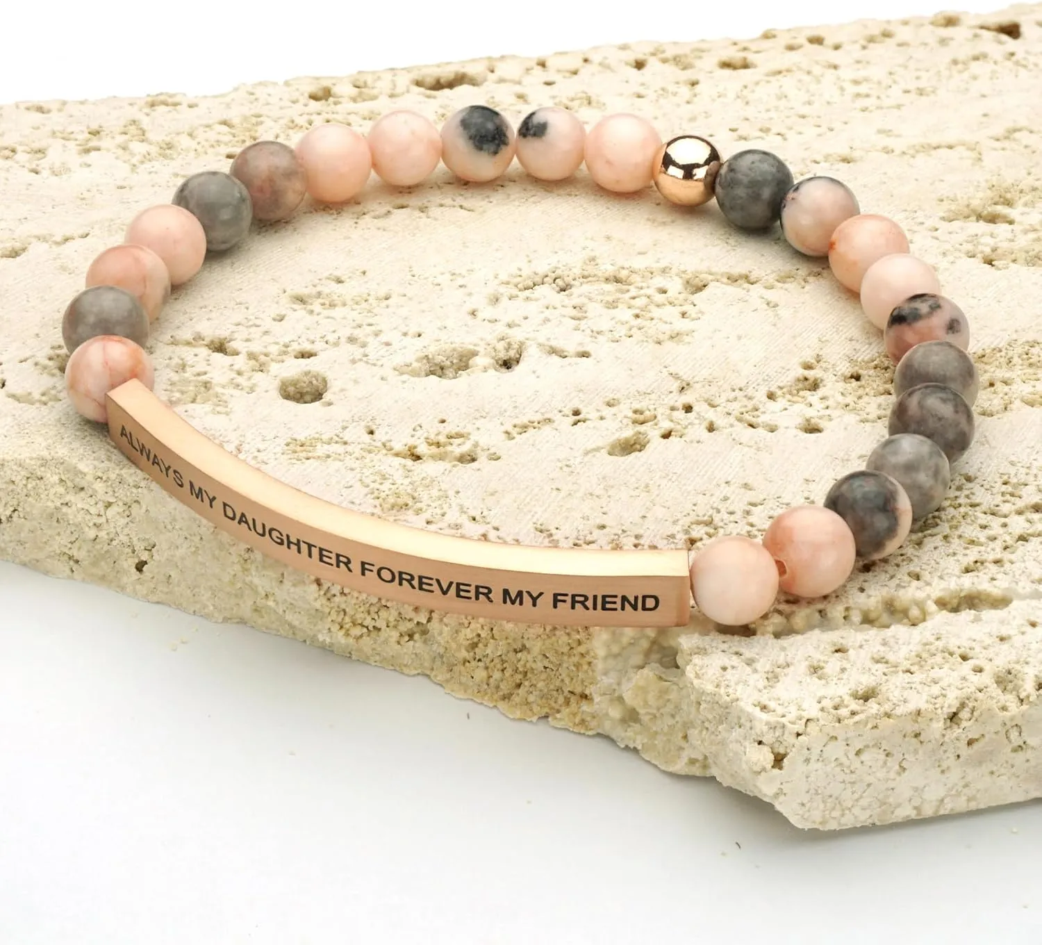 Personalized Bracelets for Women Men Couple,18K Gold Plated Stainless Steel Bar Custom Engraved Name Message Quotes Natural Gemstone Beaded Stretch Bracelet