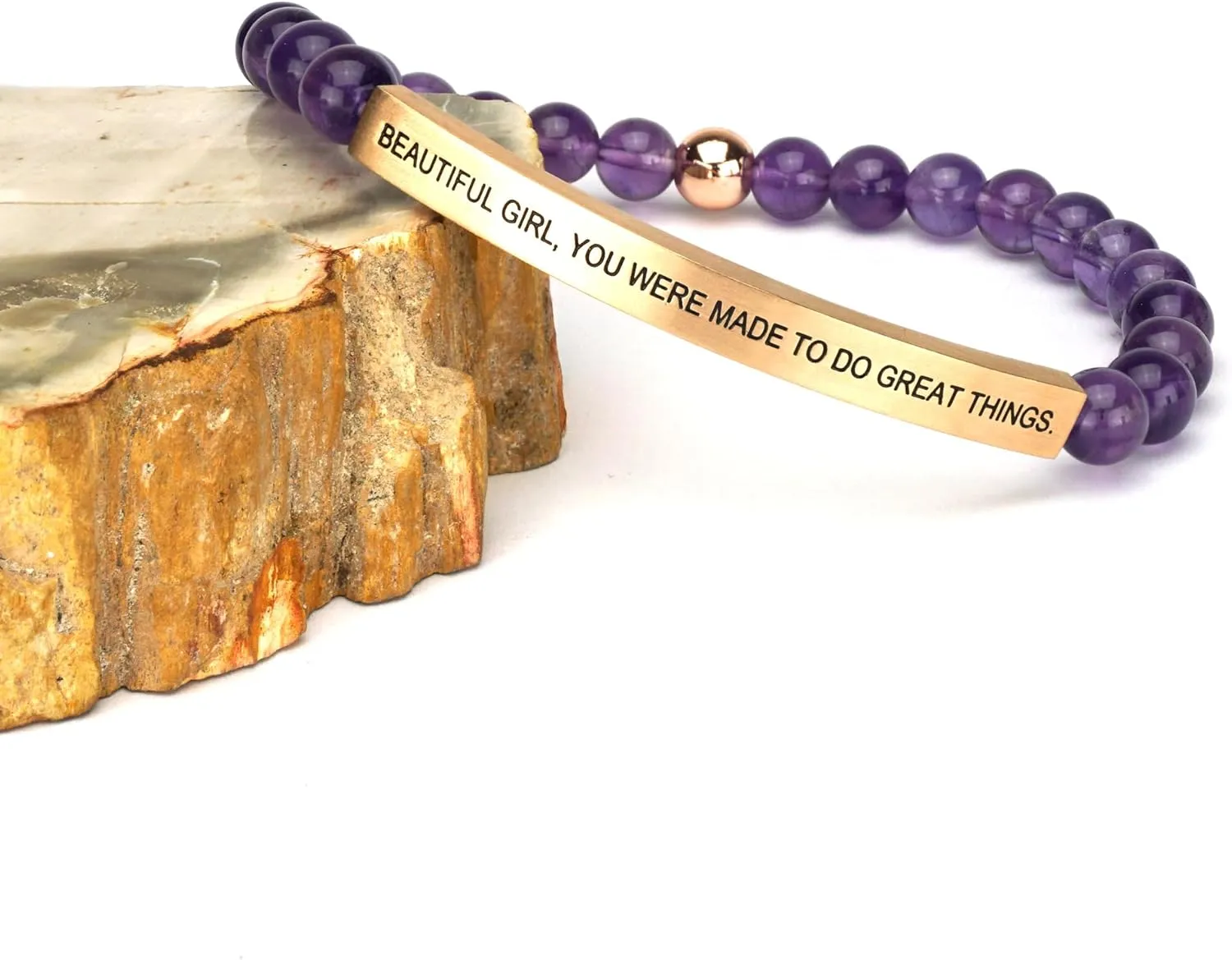 Personalized Bracelets for Women Men Couple,18K Gold Plated Stainless Steel Bar Custom Engraved Name Message Quotes Natural Gemstone Beaded Stretch Bracelet