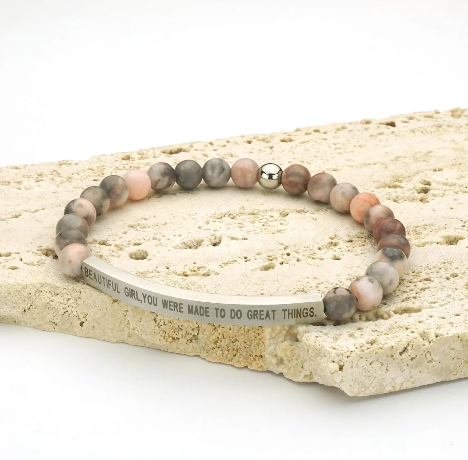 Personalized Bracelets for Women Men Couple,18K Gold Plated Stainless Steel Bar Custom Engraved Name Message Quotes Natural Gemstone Beaded Stretch Bracelet