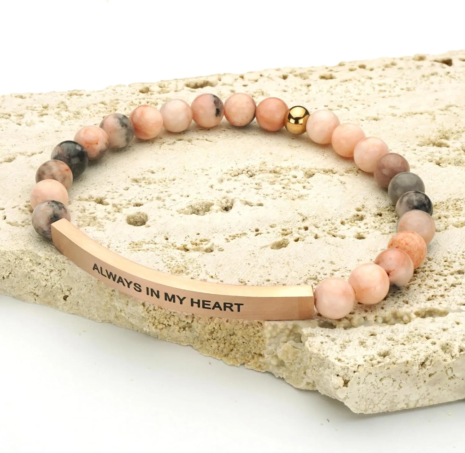 Personalized Bracelets for Women Men Couple,18K Gold Plated Stainless Steel Bar Custom Engraved Name Message Quotes Natural Gemstone Beaded Stretch Bracelet