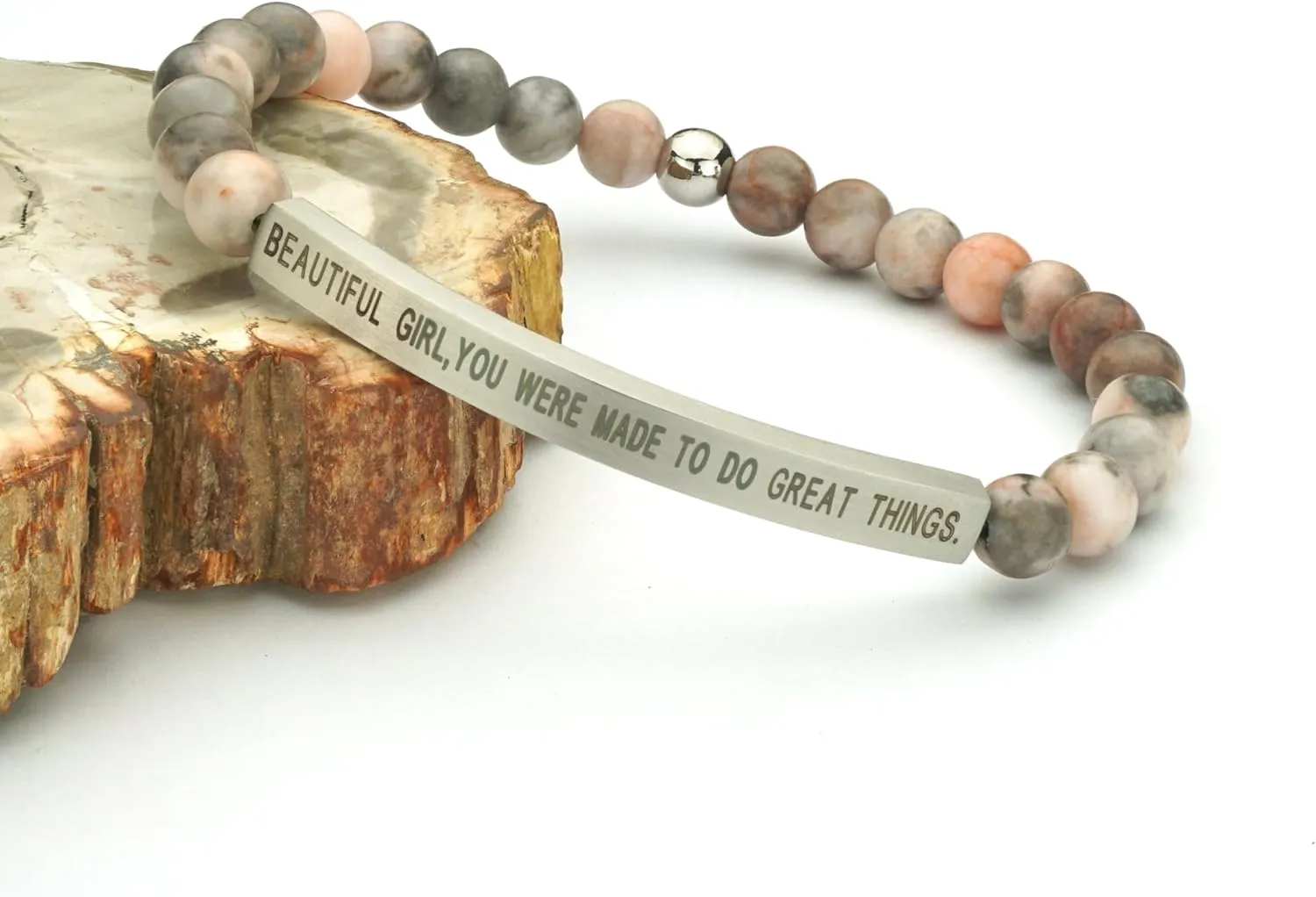Personalized Bracelets for Women Men Couple,18K Gold Plated Stainless Steel Bar Custom Engraved Name Message Quotes Natural Gemstone Beaded Stretch Bracelet