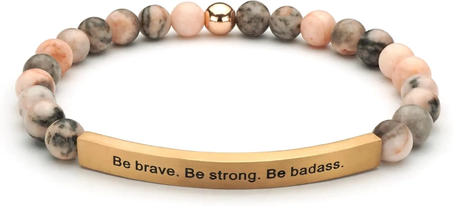 Personalized Bracelets for Women Men Couple,18K Gold Plated Stainless Steel Bar Custom Engraved Name Message Quotes Natural Gemstone Beaded Stretch Bracelet