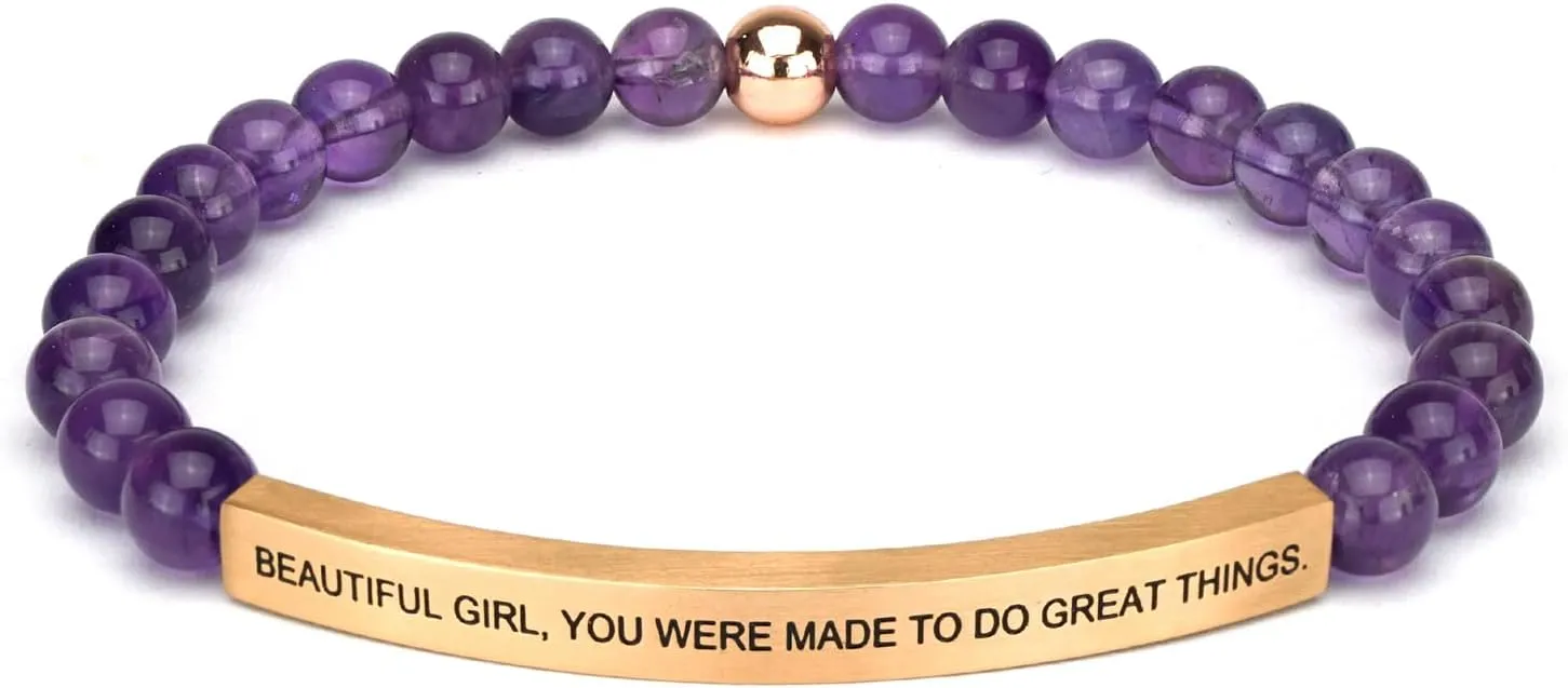 Personalized Bracelets for Women Men Couple,18K Gold Plated Stainless Steel Bar Custom Engraved Name Message Quotes Natural Gemstone Beaded Stretch Bracelet
