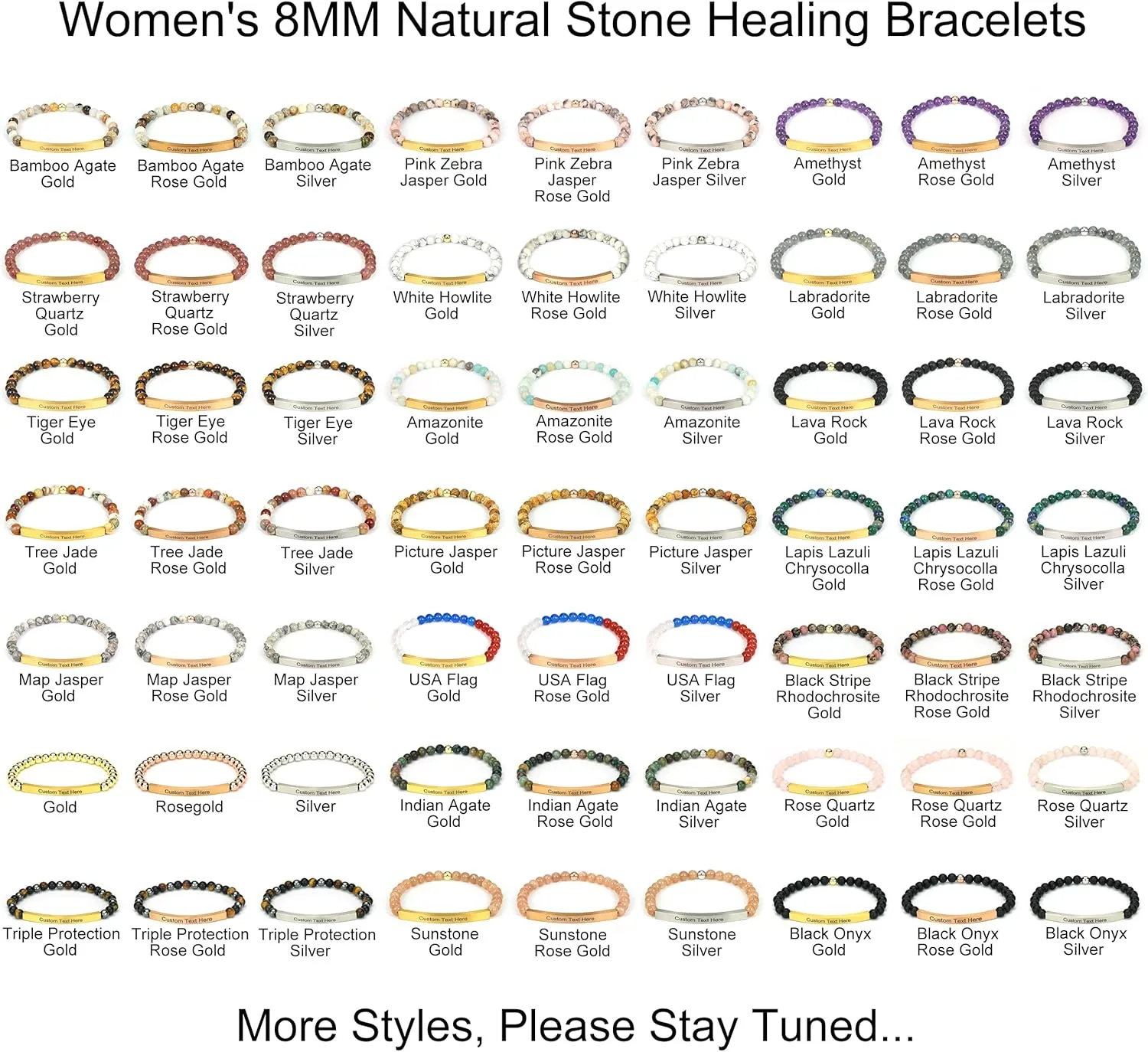 Personalized Bracelets for Women Men Couple,18K Gold Plated Stainless Steel Bar Custom Engraved Name Message Quotes Natural Gemstone Beaded Stretch Bracelet