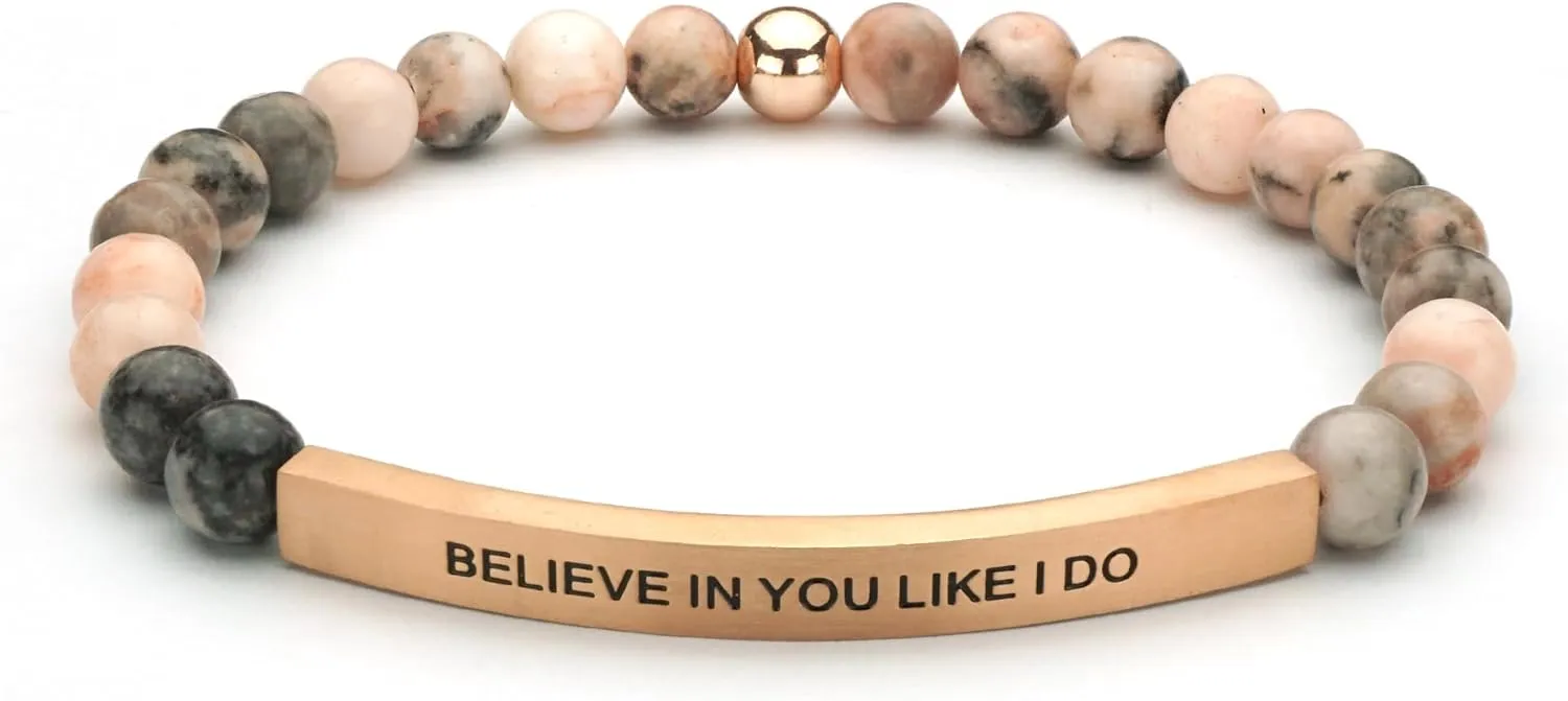 Personalized Bracelets for Women Men Couple,18K Gold Plated Stainless Steel Bar Custom Engraved Name Message Quotes Natural Gemstone Beaded Stretch Bracelet
