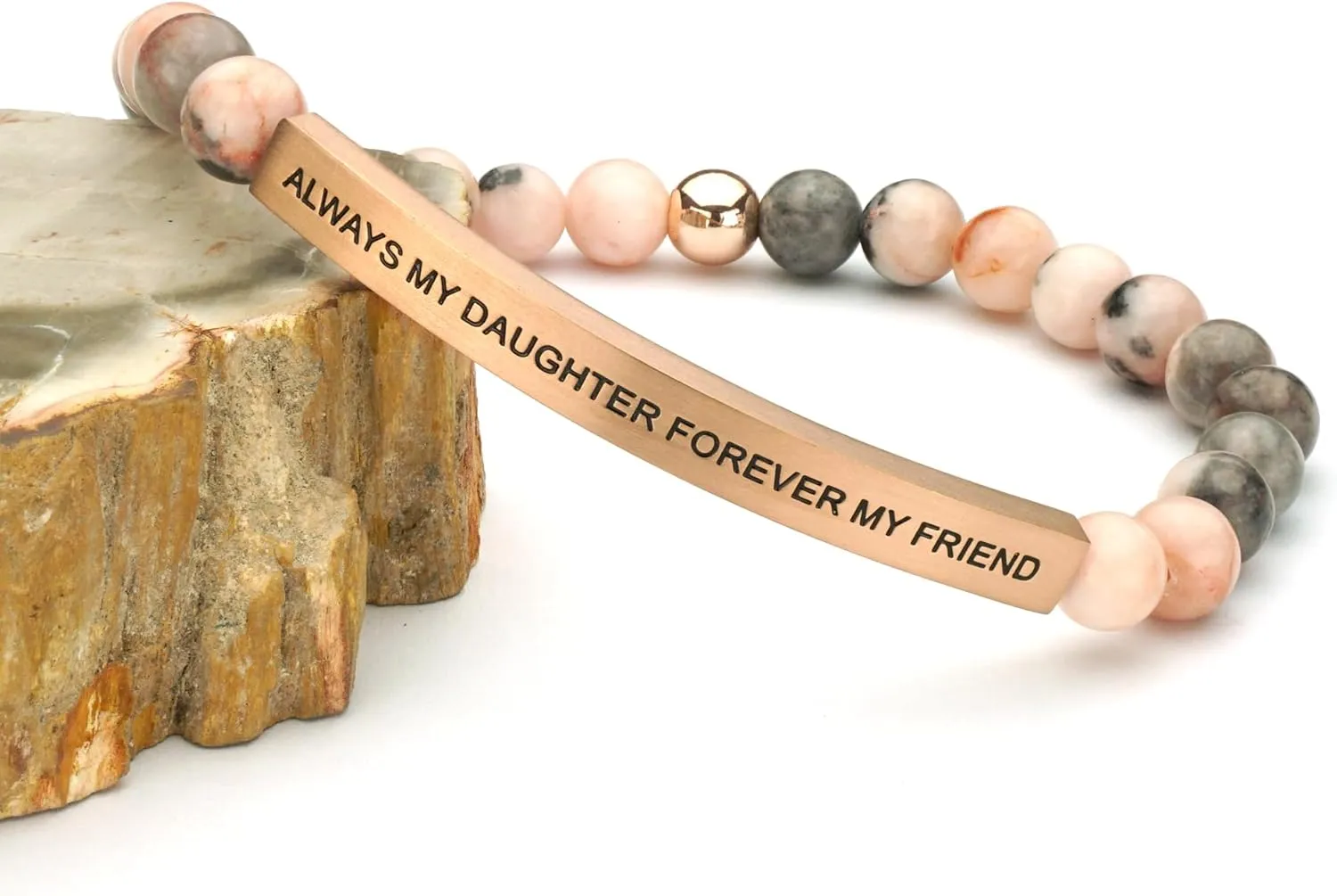 Personalized Bracelets for Women Men Couple,18K Gold Plated Stainless Steel Bar Custom Engraved Name Message Quotes Natural Gemstone Beaded Stretch Bracelet