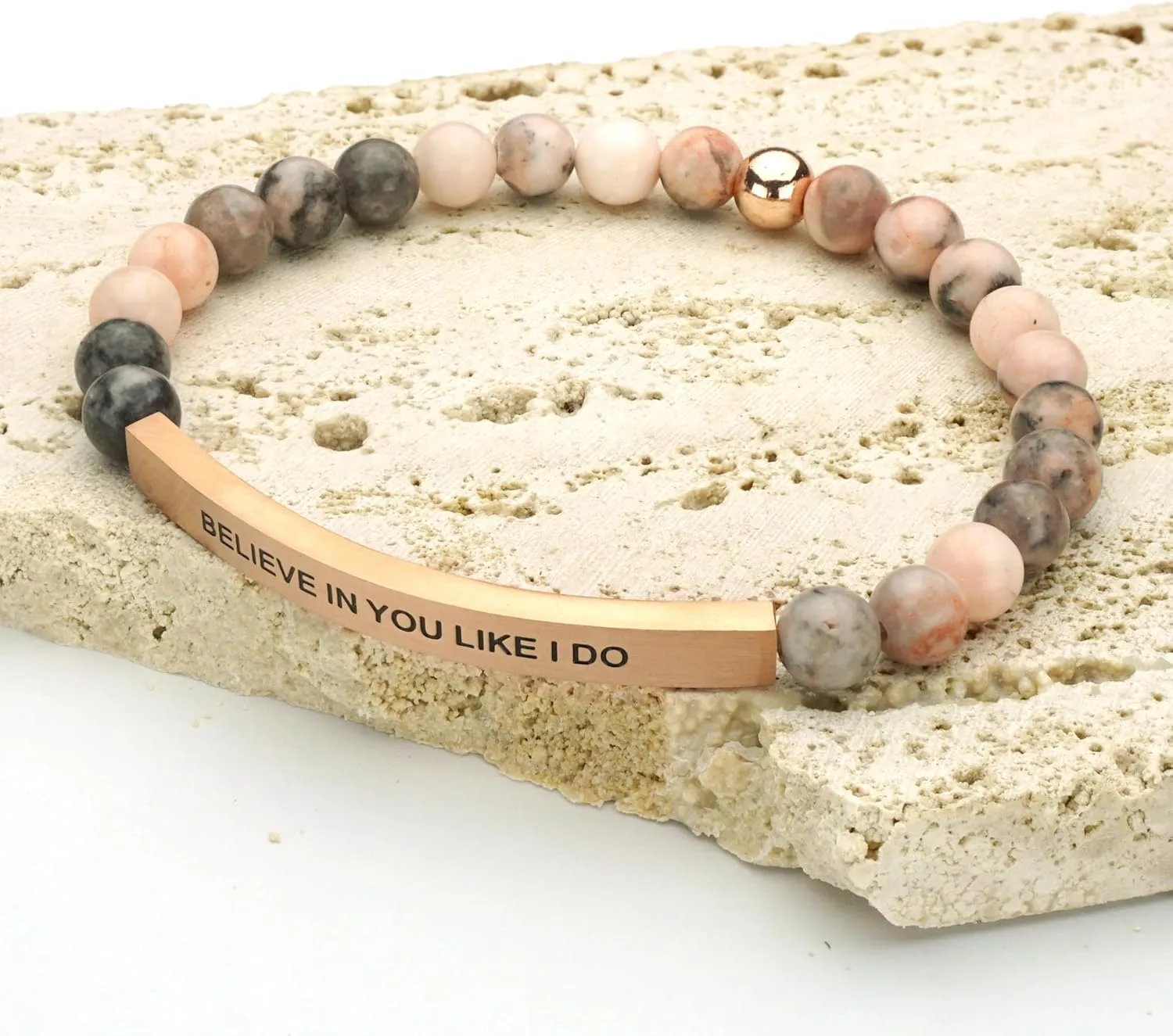 Personalized Bracelets for Women Men Couple,18K Gold Plated Stainless Steel Bar Custom Engraved Name Message Quotes Natural Gemstone Beaded Stretch Bracelet