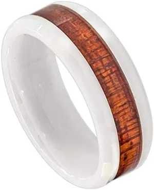 Personalized engraving Ring for Men and Ring for Women Ceramic Band Rings 8mm White Ceramic Ring with Hawaiian Koa Wood Inlay Faceted Edge Wedding Band Ring Ideal Rings for couples