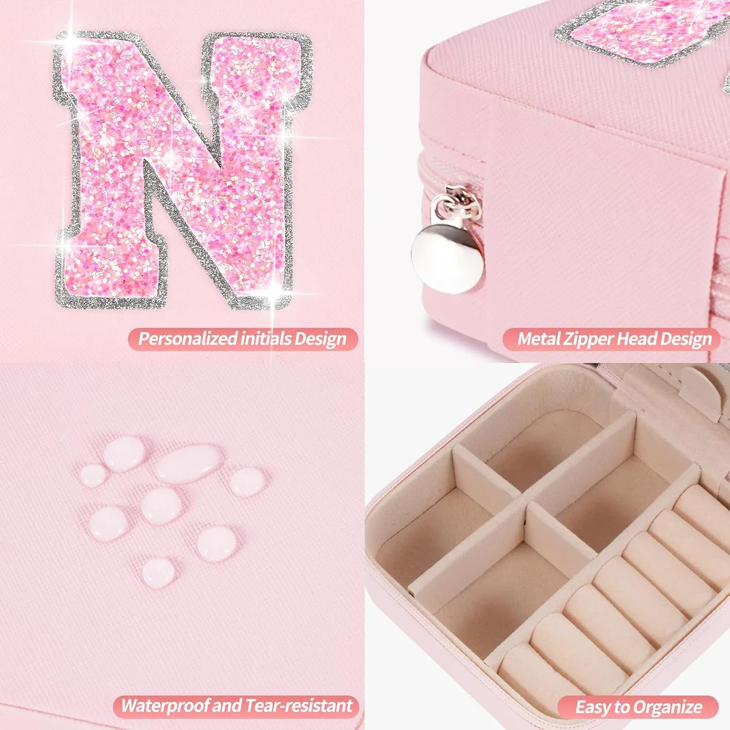 Personalized Jewelry Case for Women Girls - Fashion Mini Jewelry Boxes - Trendy Travel Jewelry Organizer with Initials Letter - Teen Gifts | Pink,N