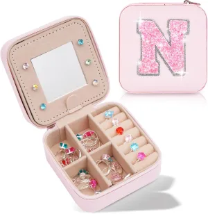 Personalized Jewelry Case for Women Girls - Fashion Mini Jewelry Boxes - Trendy Travel Jewelry Organizer with Initials Letter - Teen Gifts | Pink,N