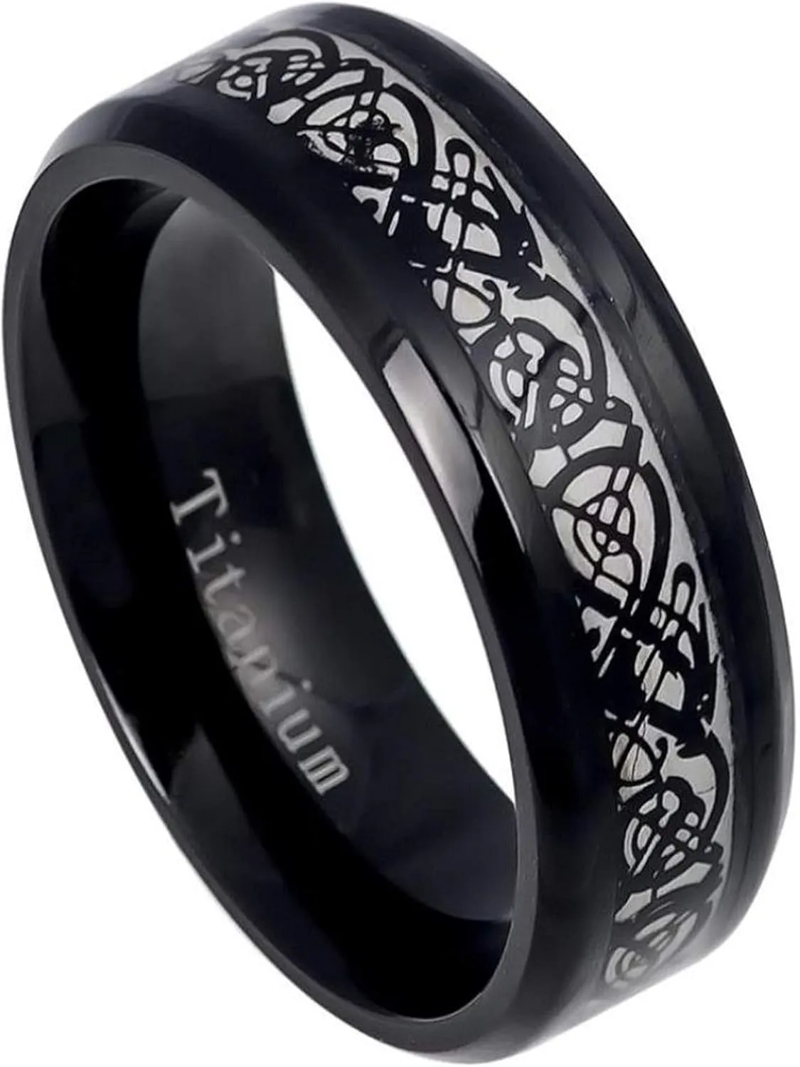 Personalized Laser Engraving Ring for Men and Ring for Women Titanium Band Rings 8mm Black IP Plated Titanium Ring with Black IP Celtic Design Inlay Wedding Band Ring Ideal Rings for Couples