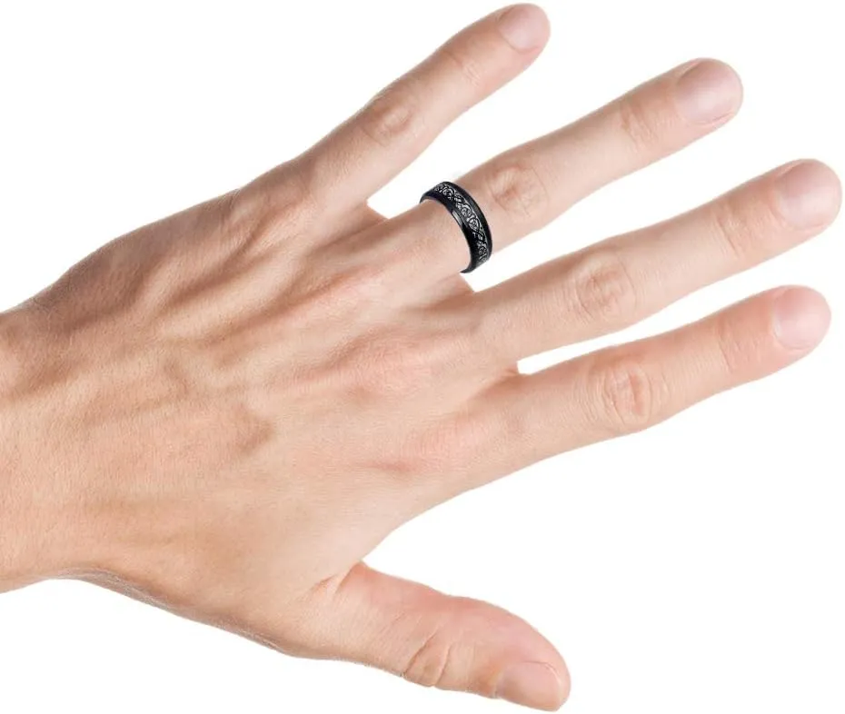 Personalized Laser Engraving Ring for Men and Ring for Women Titanium Band Rings 8mm Black IP Plated Titanium Ring with Black IP Celtic Design Inlay Wedding Band Ring Ideal Rings for Couples