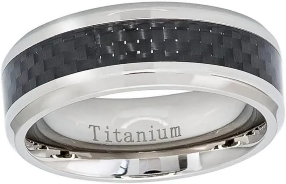 Personalized Laser Engraving Ring for Men and Ring for Women Titanium Band Rings 8mm Domed Black Carbon Fiber Overlay on Titanium Ring Base Wedding Band Ring Ideal Rings for Couples