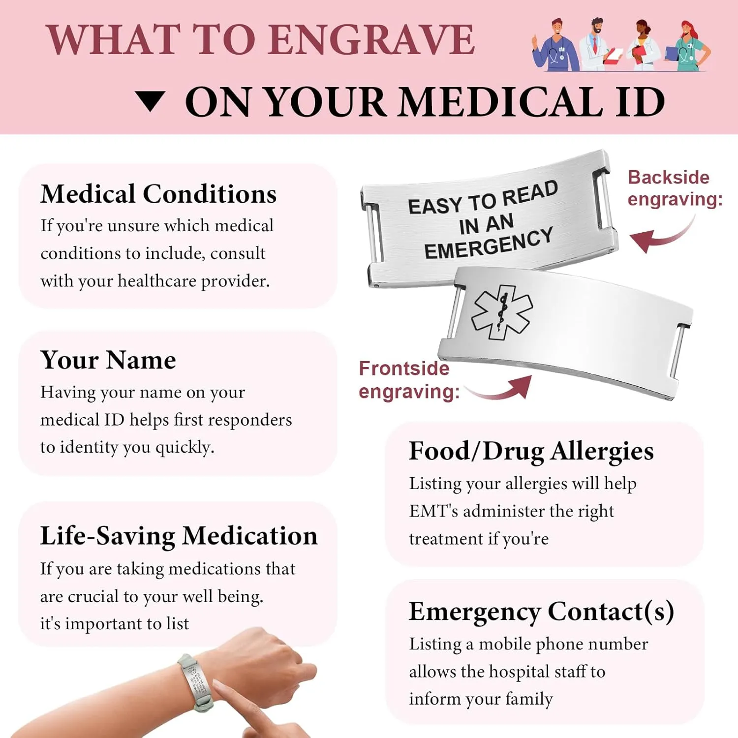 Personalized Medical Alert Bracelet for Women - Customized Elastic Strap Silk Band Medical ID Bracelets Engraved Medic Info, Emergency Awareness Medic ID Bracelet for Autism Allergy Diabetic Epilepsy