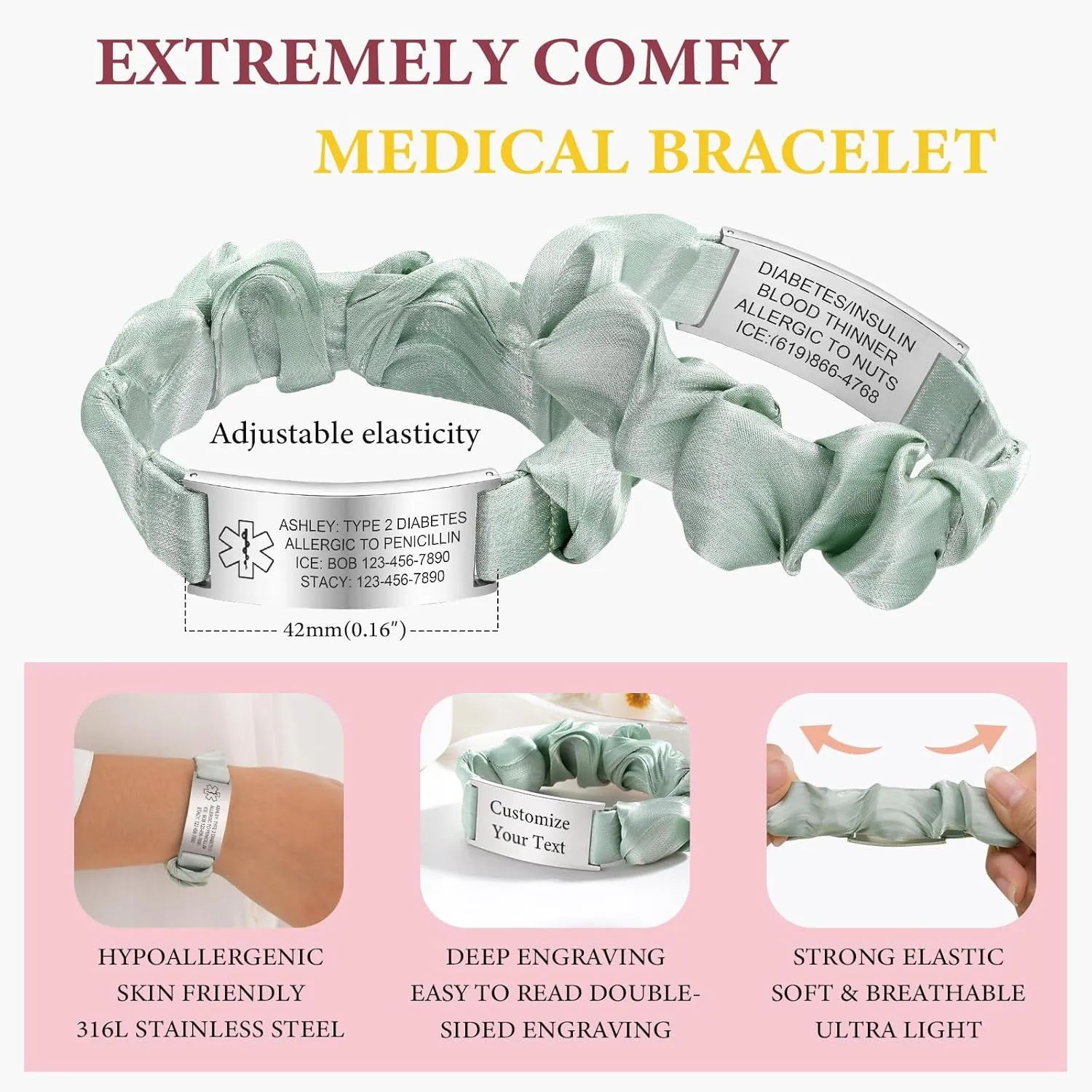Personalized Medical Alert Bracelet for Women - Customized Elastic Strap Silk Band Medical ID Bracelets Engraved Medic Info, Emergency Awareness Medic ID Bracelet for Autism Allergy Diabetic Epilepsy