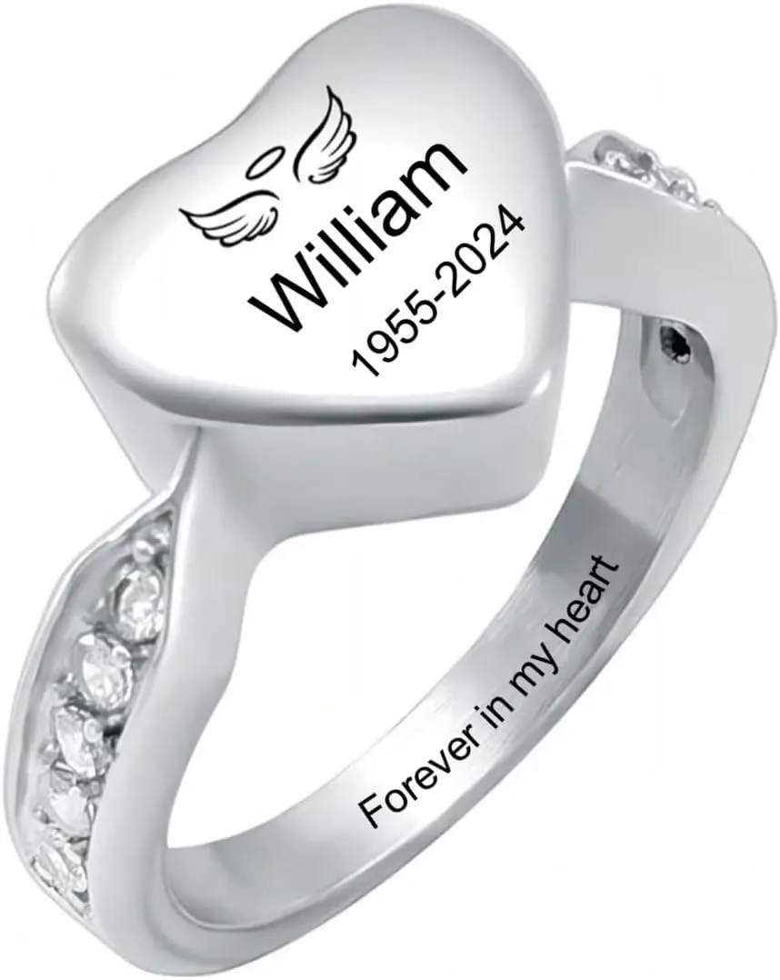 Personalized Name Date Memorial Heart Urn Ring, Personalized Stainless Steel Openable Tiny Heart, Cremation Urn Ring for Ashes for Women Waterproof Locket Rings Memorial Jewelry