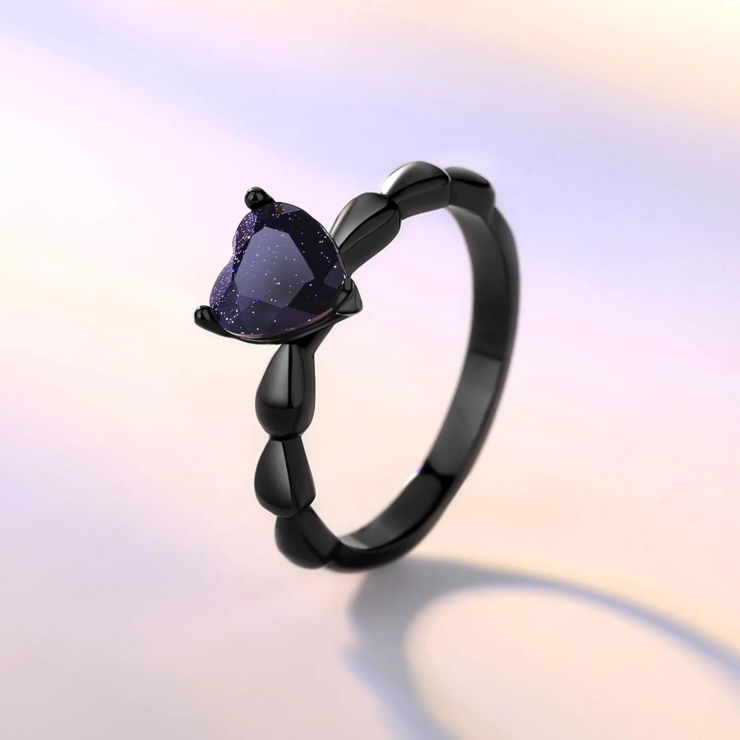 Personalized Promise Rings for Women, Custom Black Promise Rings for Her/Him, Engravable Promise Ring for Couples, Engraving Matching Heart Blue Sandstone Rings for Couples, His/Hers Wedding Band